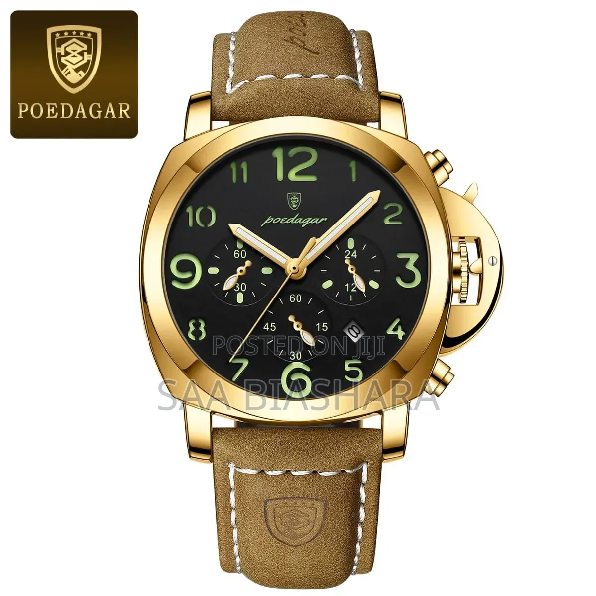 Poedagar Chronograph Watch Leather Strap Brown and Gold Black Case