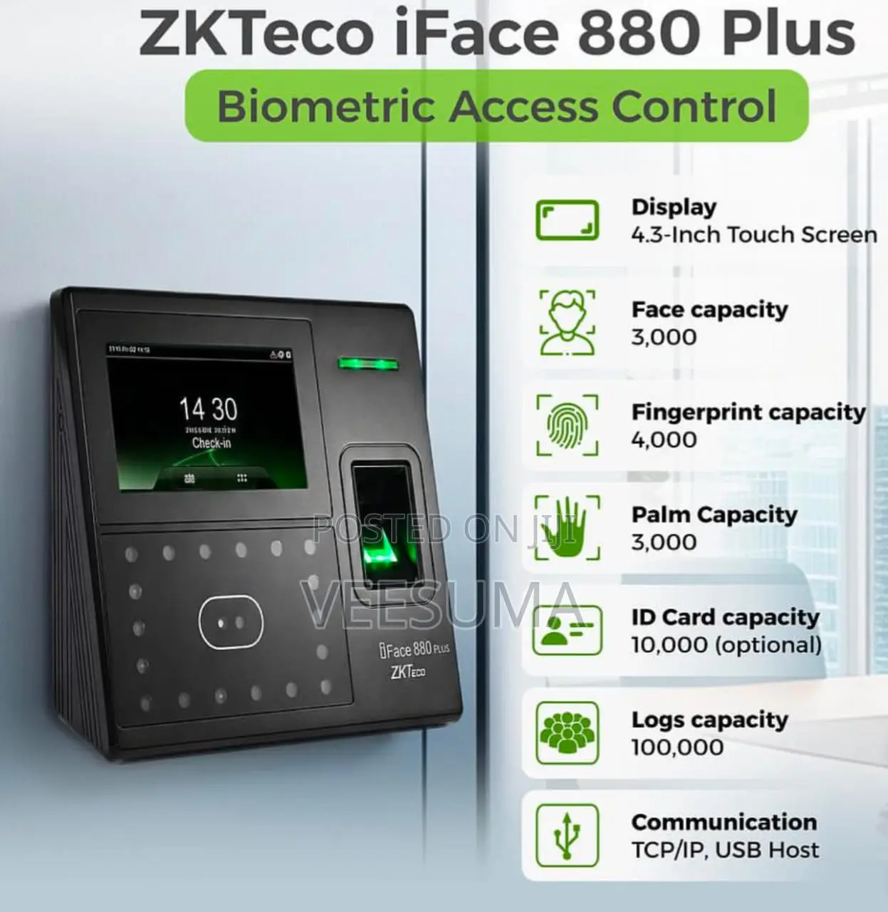 ZKTeco iFace 880 Plus Biometric Face, Fingerprint & Palm Reader