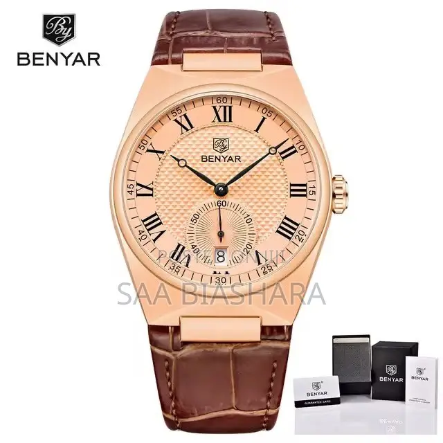 Benyar by 5199 Quartz Watch Leather Strap Brown and Gold Case