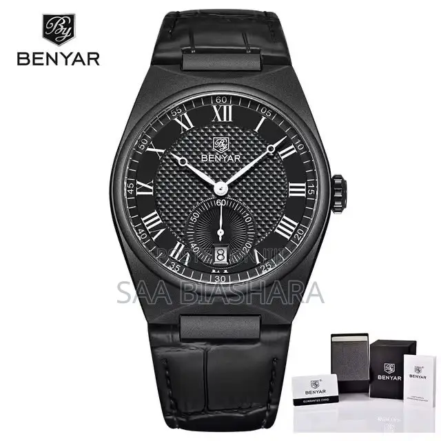 Benyar By5199 Luxury Quartz Watch Leather Strap Black and Case Black