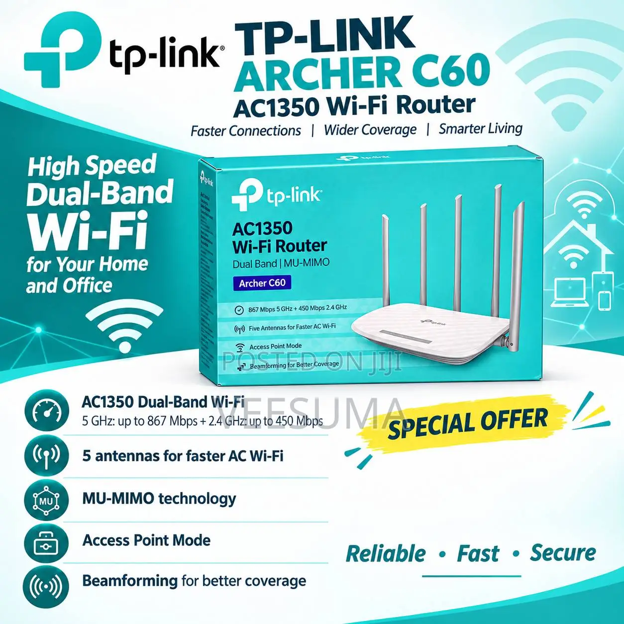 TP-Link Archer C60 AC1350 Dual-Band Wi-Fi Router (5 Antennas)