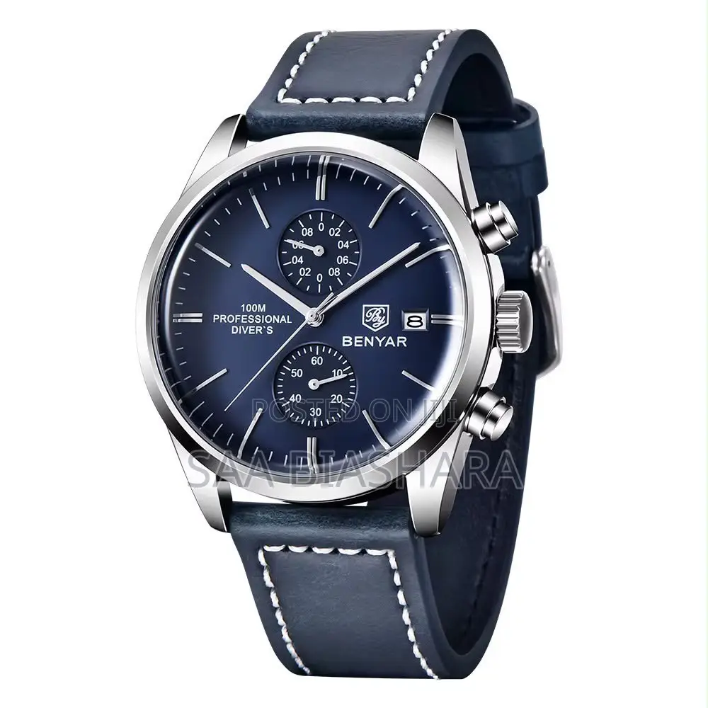 Benyar By5205 Mens Quartz Chronograph Watch Leather Strap Blue