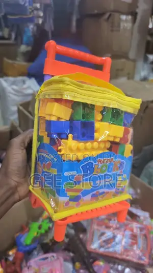 Set of Small Building Puzzle Blocks in a Trolley