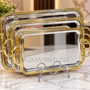 3-Piece Dual-Tone Rectangular Serving Tray Setwith a Silver Body, Gold