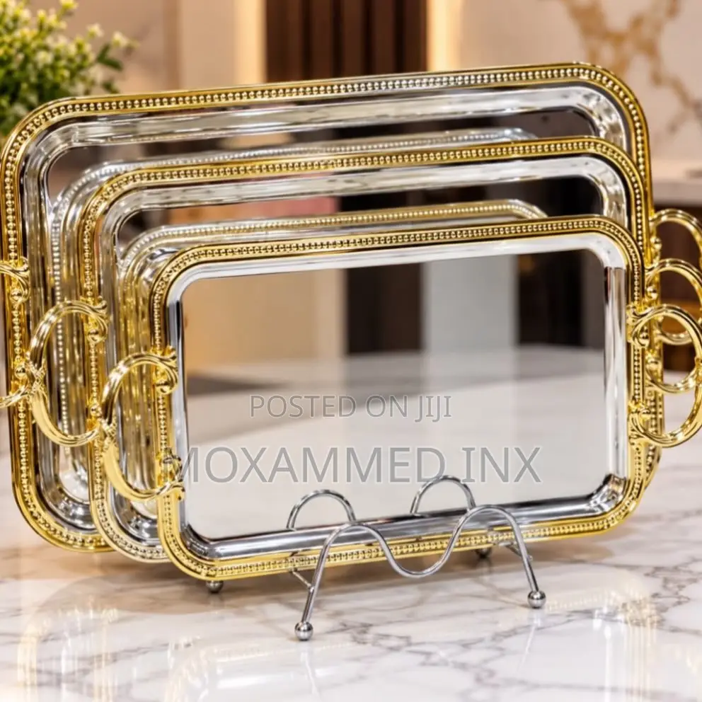 3-Piece Dual-Tone Rectangular Serving Tray Setwith a Silver Body, Gold