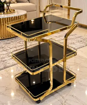 3-Tier Luxury Serving Trolley .Featuring a Gold-Finish Metal Frame,