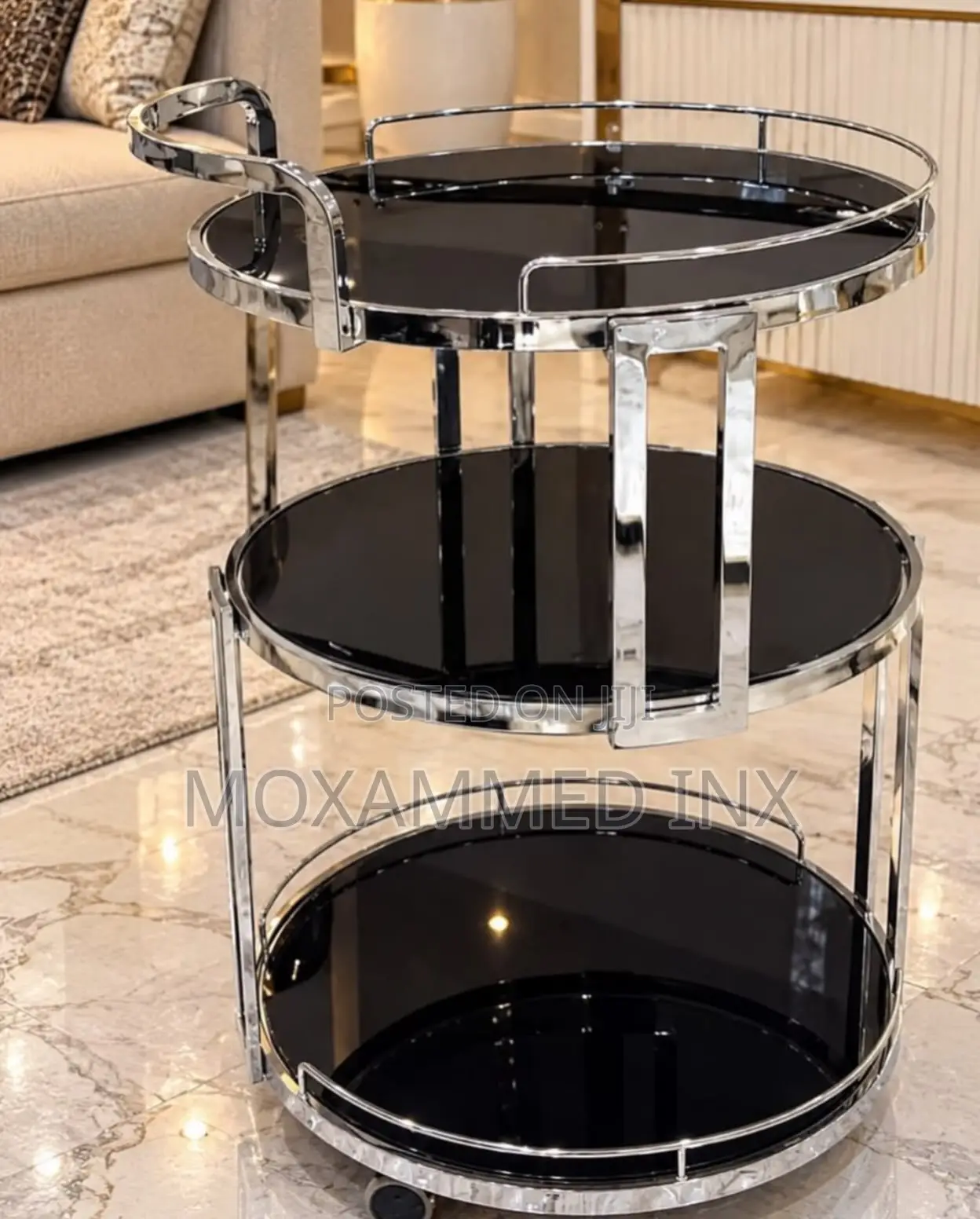 3-Tier Chrome and Black Glass Serving Trolley or Bar Cart .Featuring
