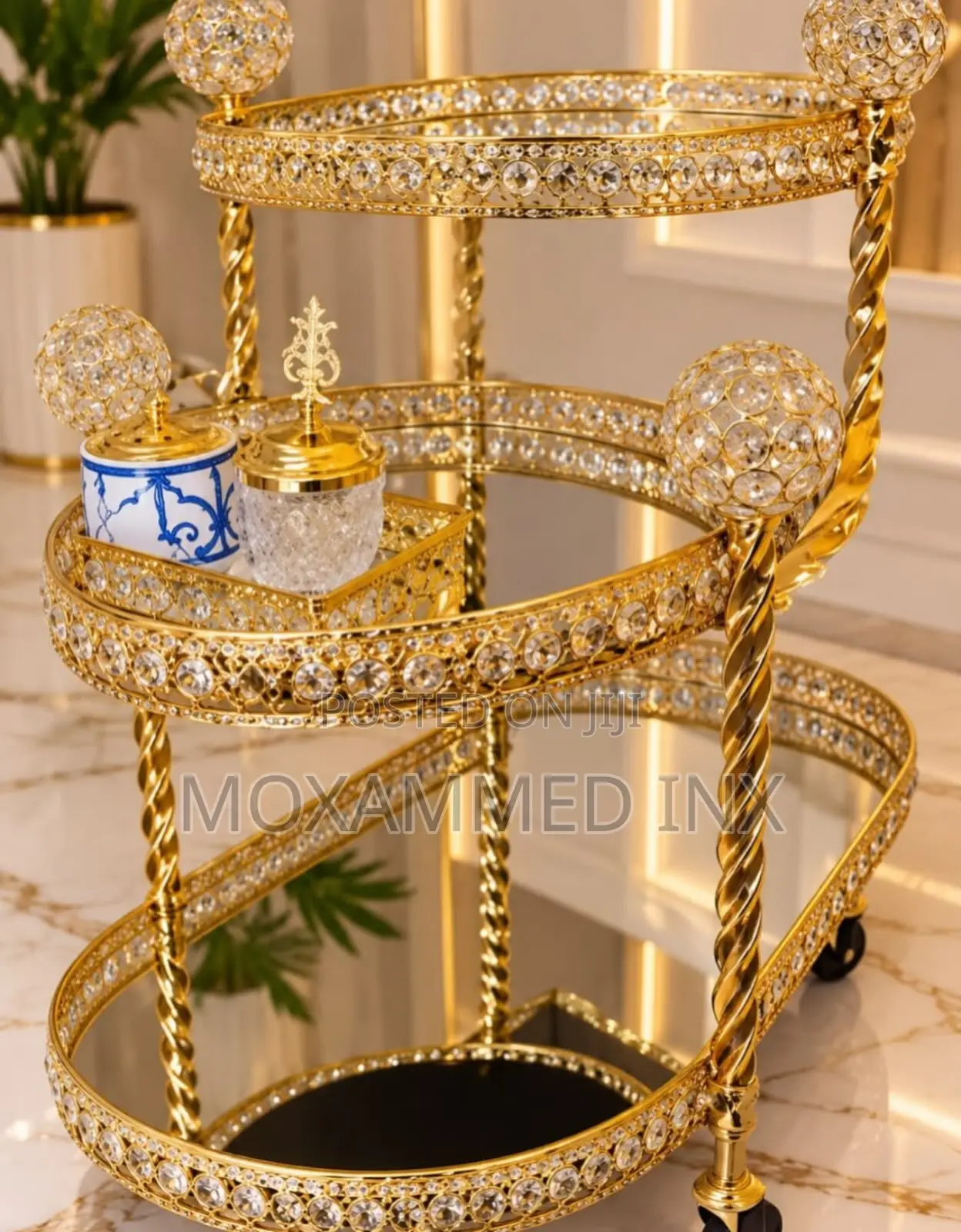 Gold-Finish Luxury Serving and Tea Trolley .Decorated With Crystal
