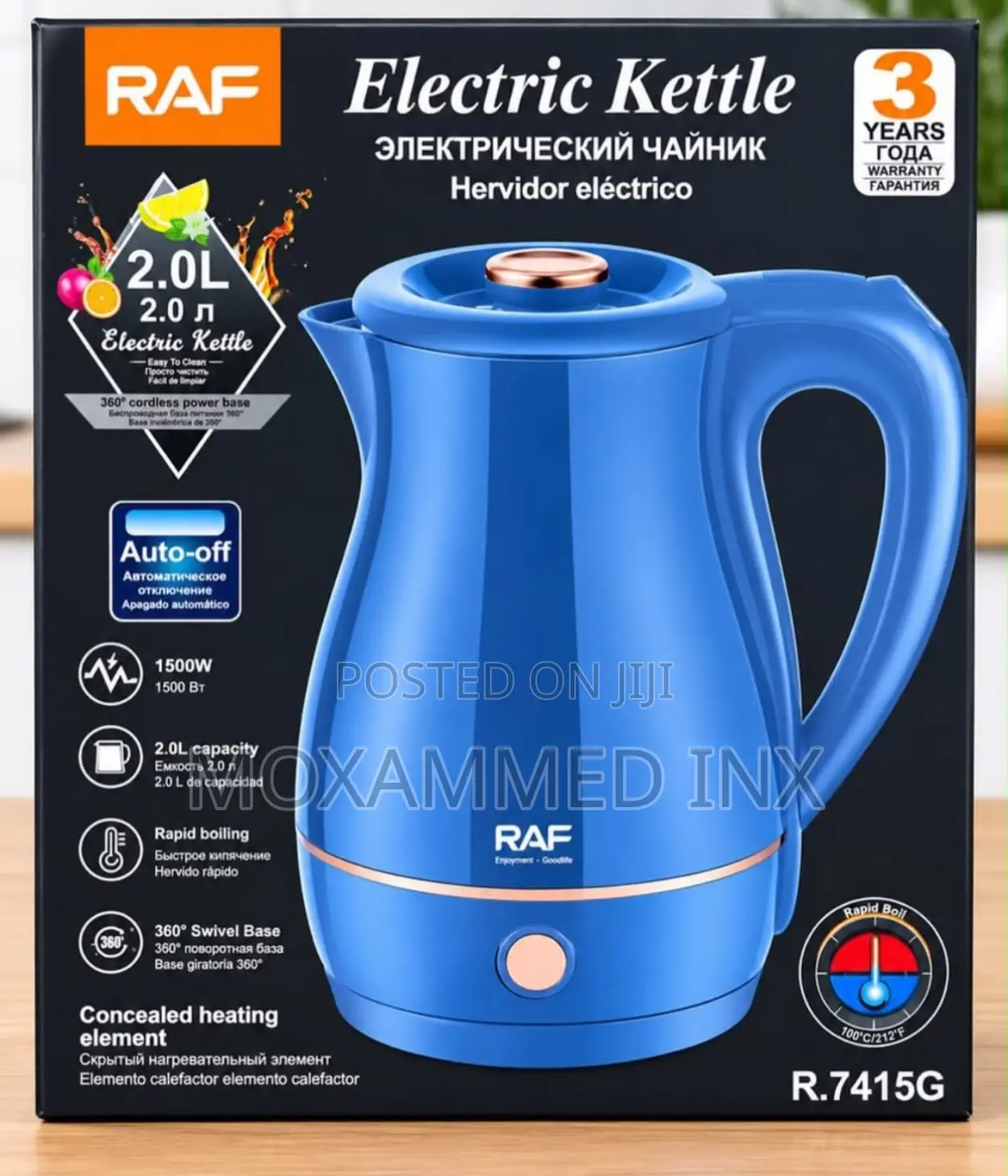 RAF Electric Kettle (Model R.7415G) .With a 2.0-Liter Capacity