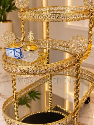 Gold-Finish Luxury Serving and Tea Trolley .Decorated With Crystal