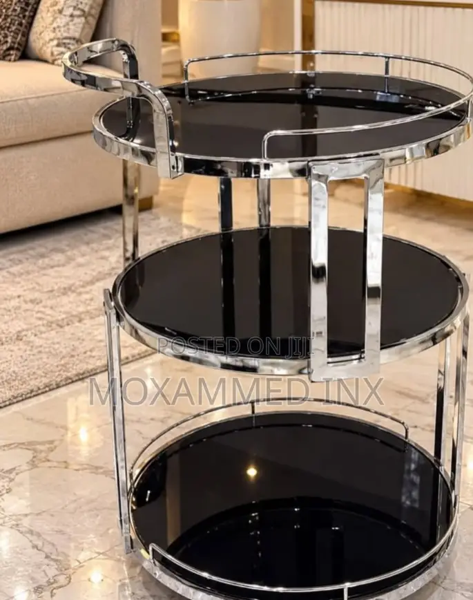 3-Tier Chrome and Black Glass Serving Trolley or Bar Cart .Featuring