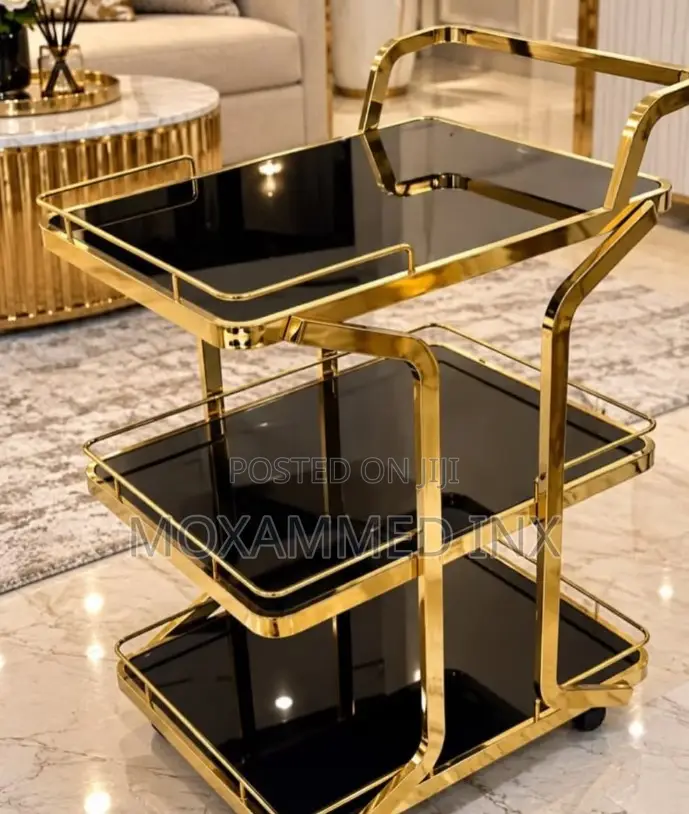 3-Tier Luxury Serving Trolley .Featuring a Gold-Finish Metal Frame,