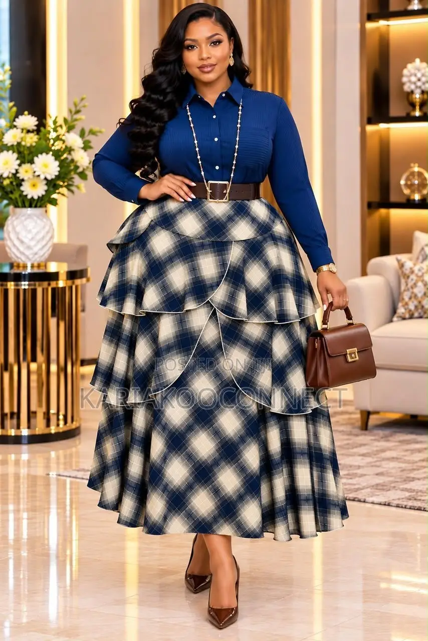 Women's 2-Piece Plaid Tiered Skirt and Shirt Set