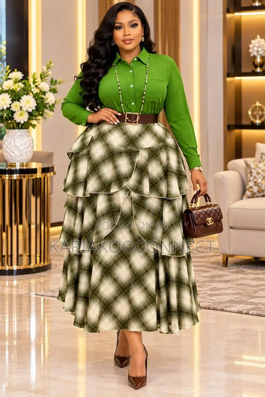 Women's 2-Piece Plaid Tiered Skirt and Shirt Set