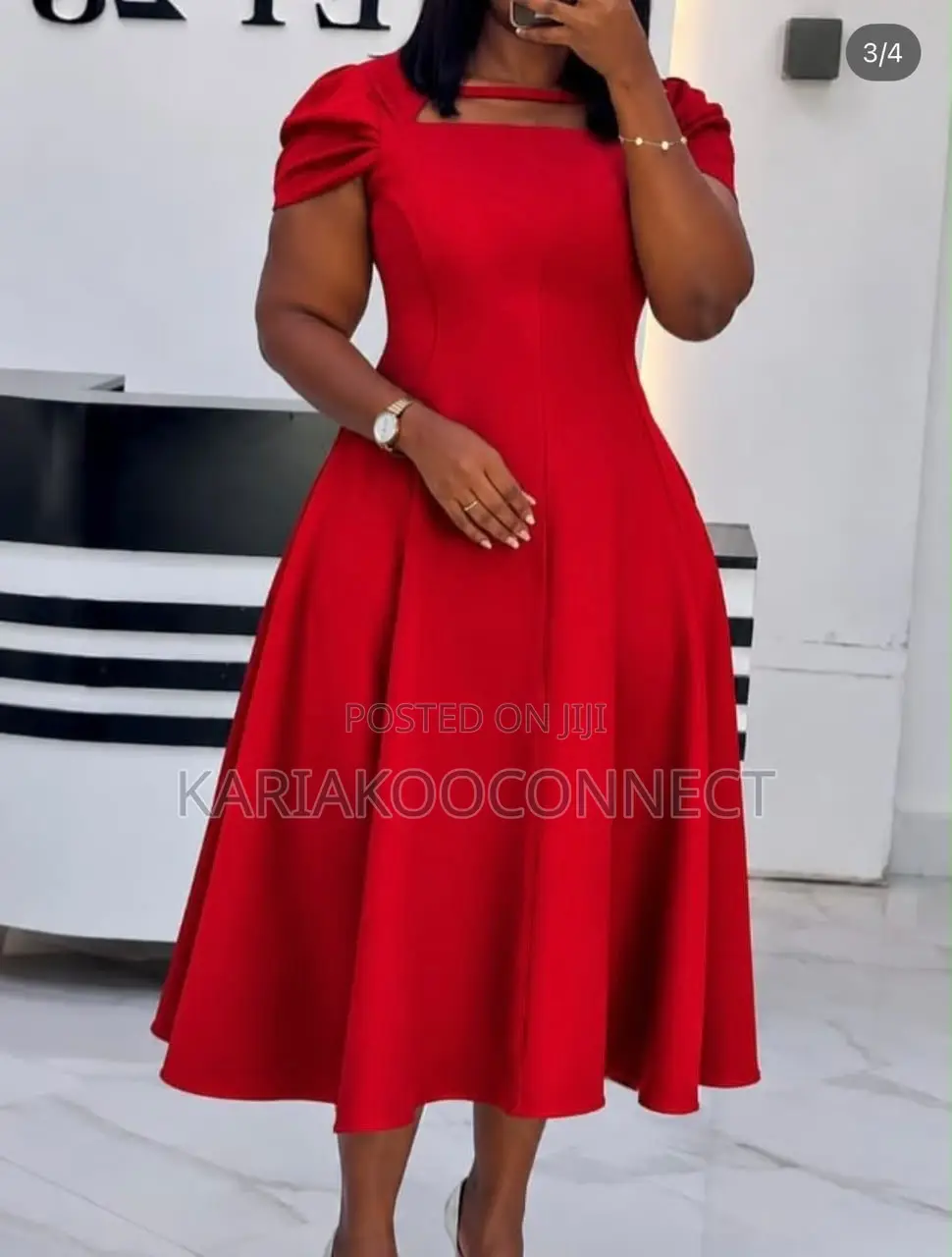 Women's Square-Neck Puff-Sleeve Midi Dress