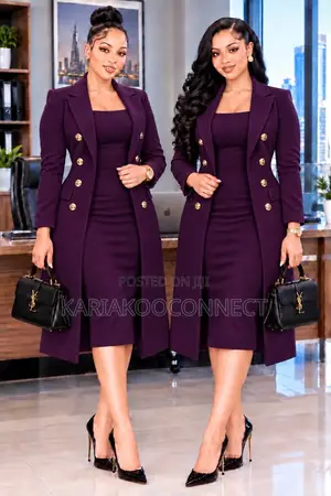 Women's Long Double-Breasted Coat and Midi Dress Set