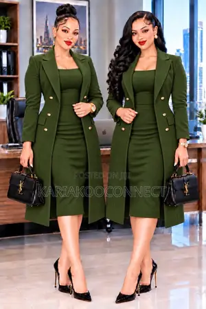 Women's Long Double-Breasted Coat and Midi Dress Set