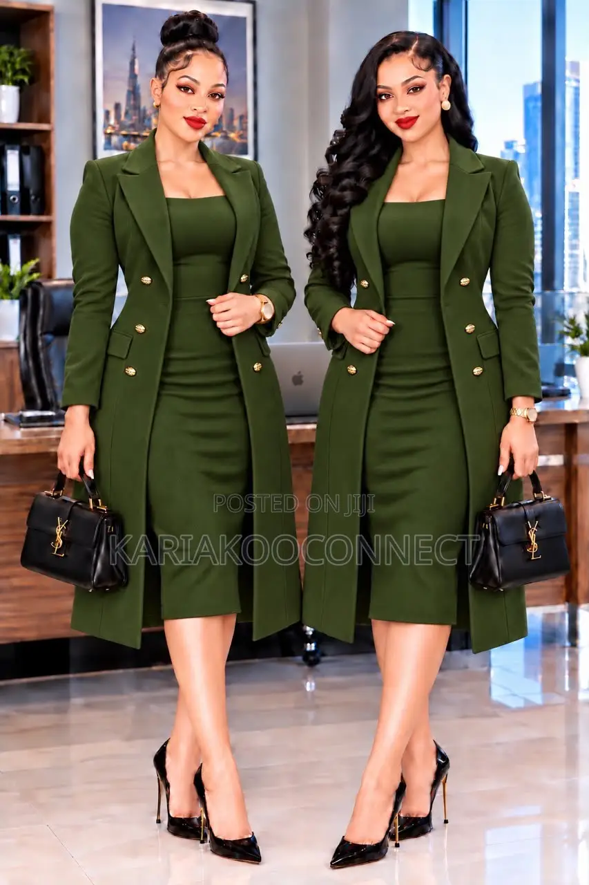 Women's Long Double-Breasted Coat and Midi Dress Set