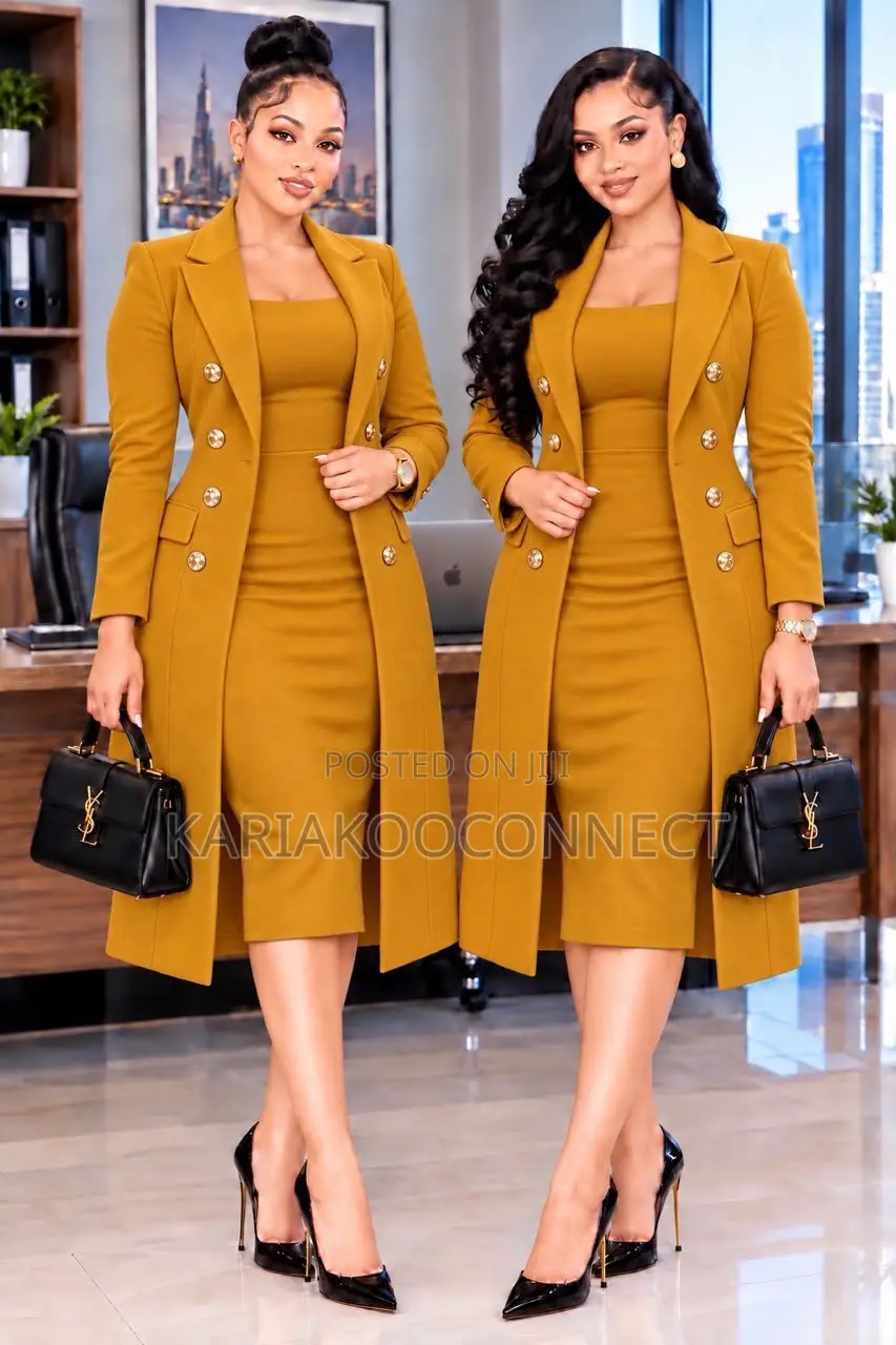 Women's Long Double-Breasted Coat and Midi Dress Set