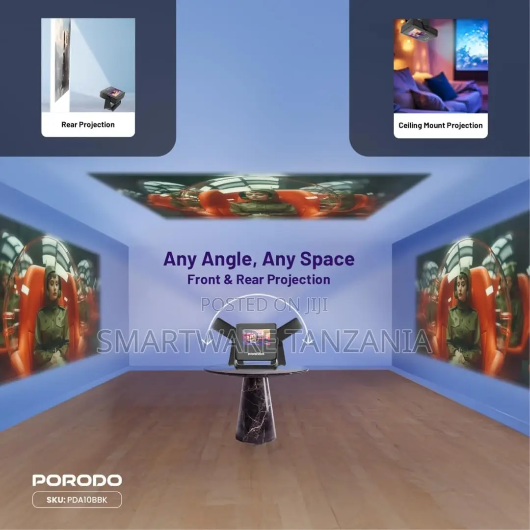 Porodo Optivis Smart HD Projector, 720P Resolution, 250-Inch Screen