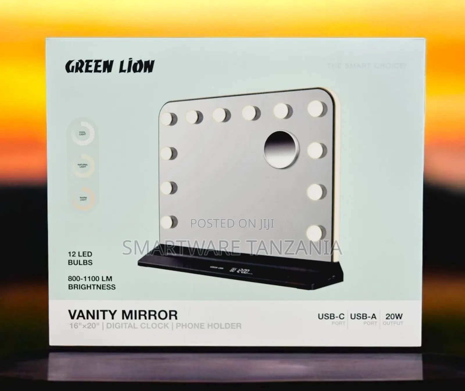 Green Lion Vanity Mirror With 12 LED Bulbs, Digital Clock, USB-C, 20W