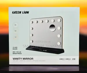 Green Lion Vanity Mirror With 12 LED Bulbs, Digital Clock, USB-C, 20W