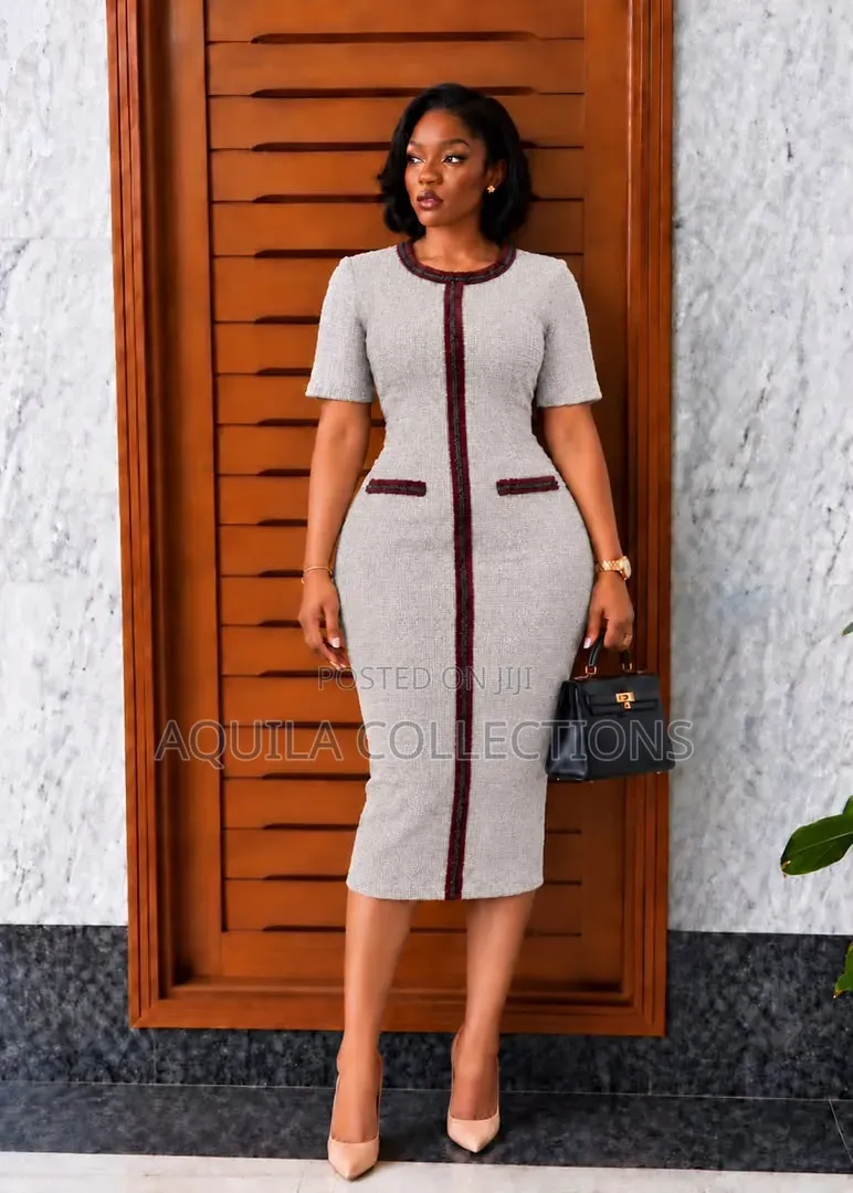 Tweed Sheath Midi Dress With Burgundy Trim