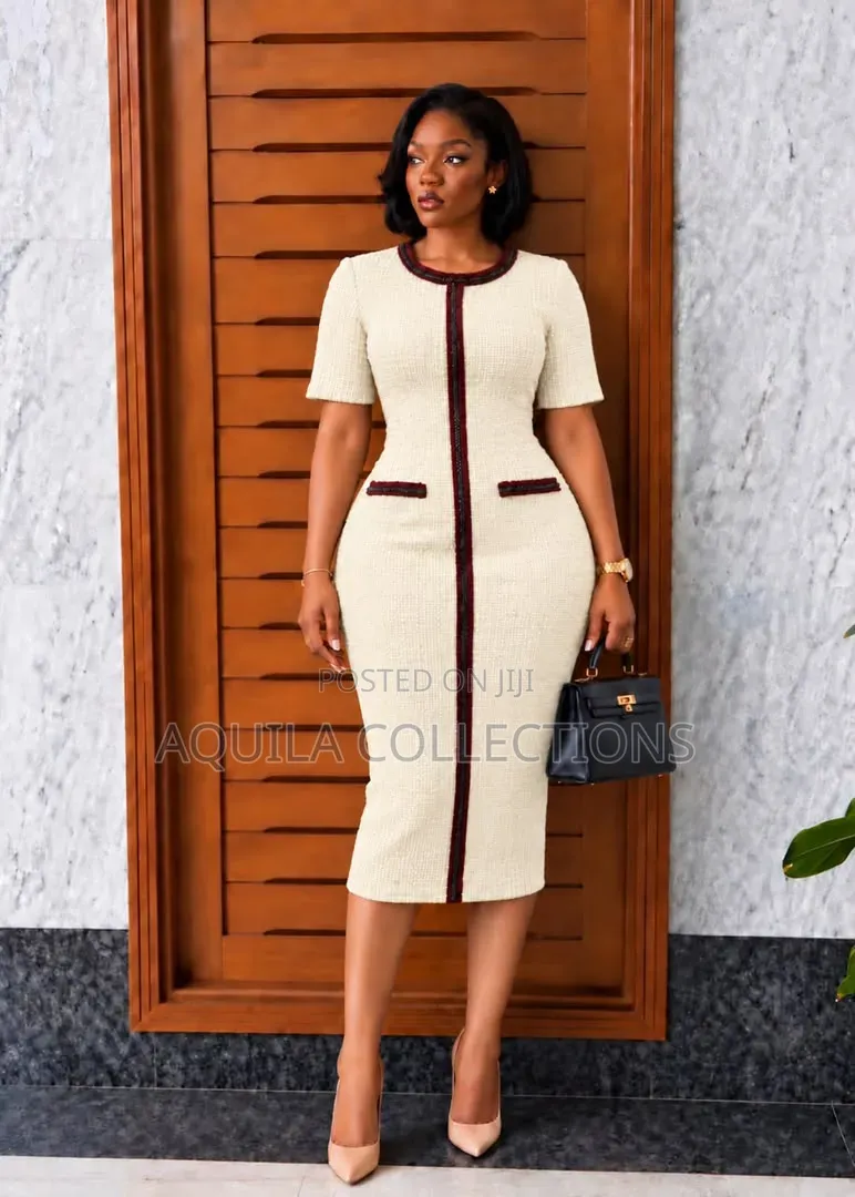 Tweed Sheath Midi Dress With Burgundy Trim
