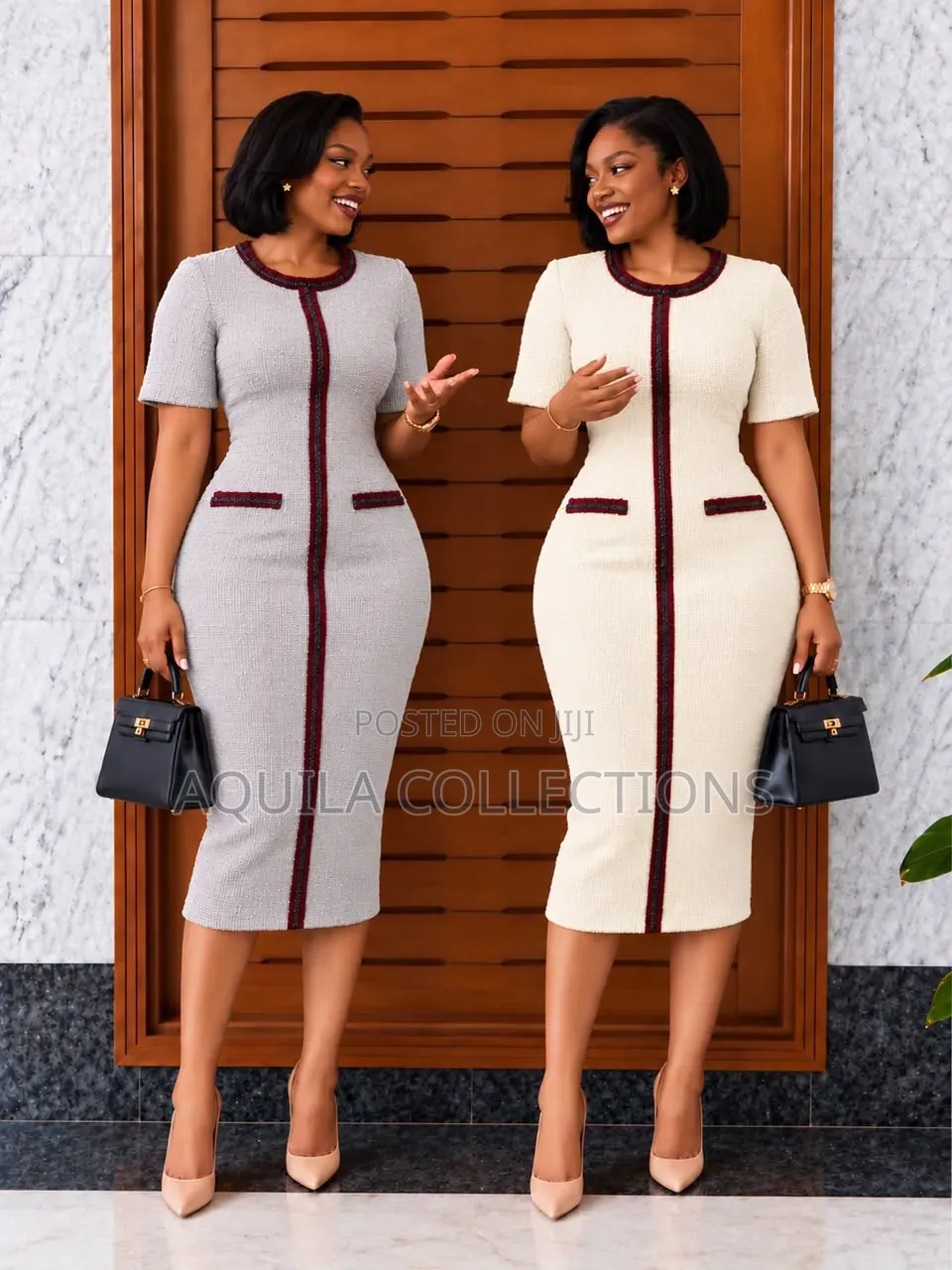 Tweed Sheath Midi Dress With Burgundy Trim