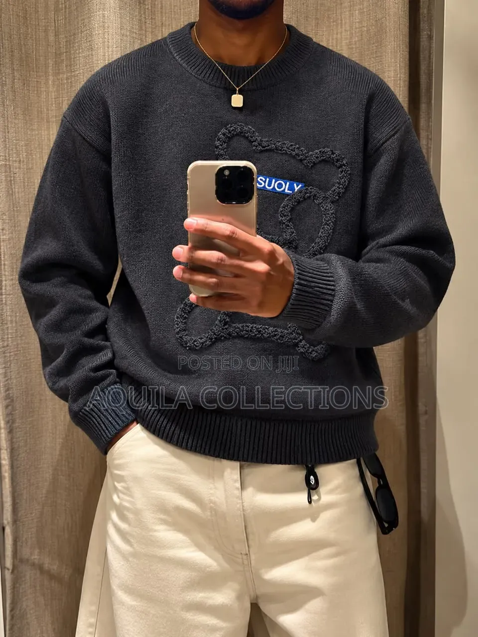 Casual Washed Black Crewneck Sweater With Bear Detail