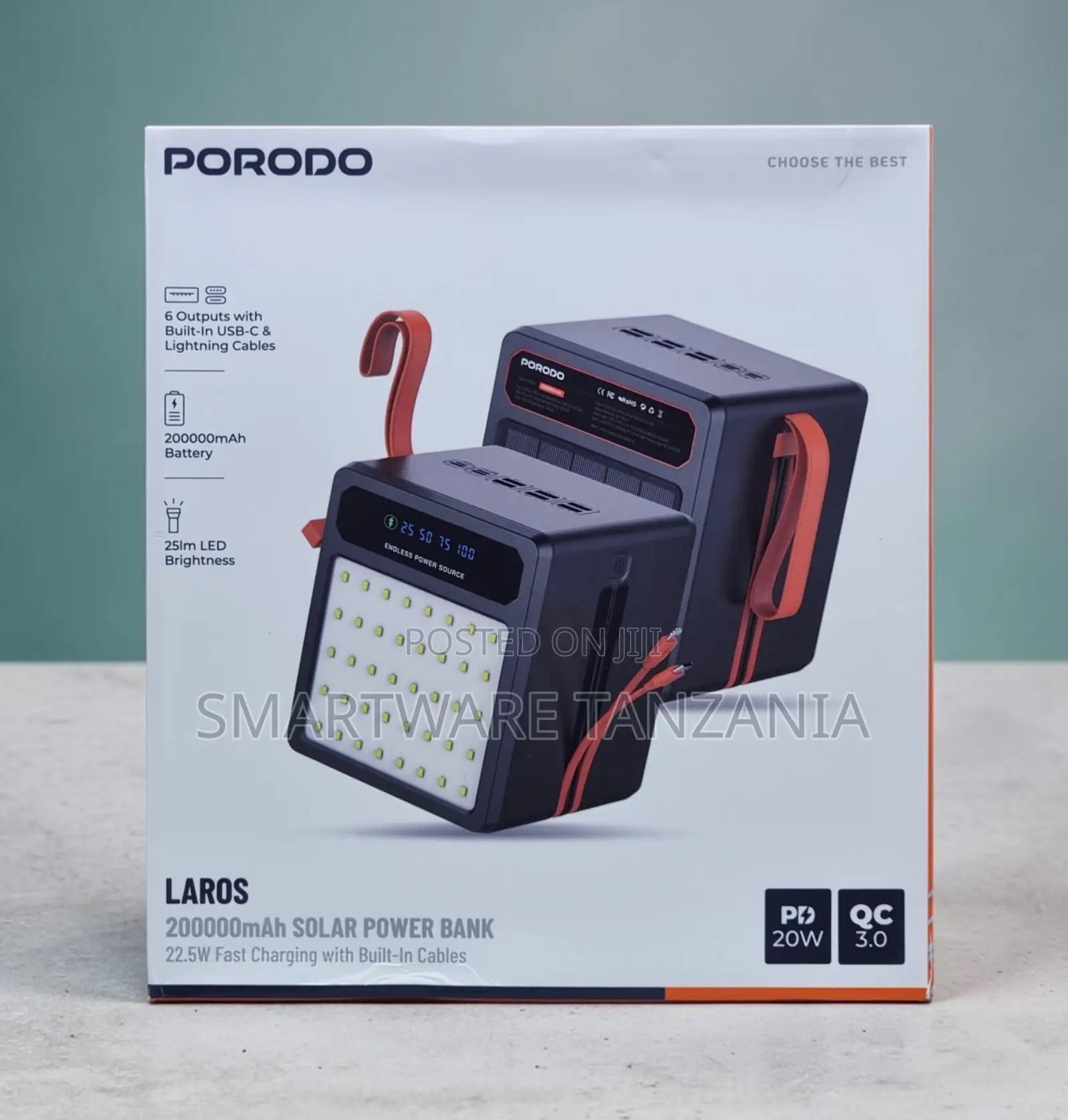Porodo LAROS 200000mAh Solar Power Bank With 6 Outputs and LED Light