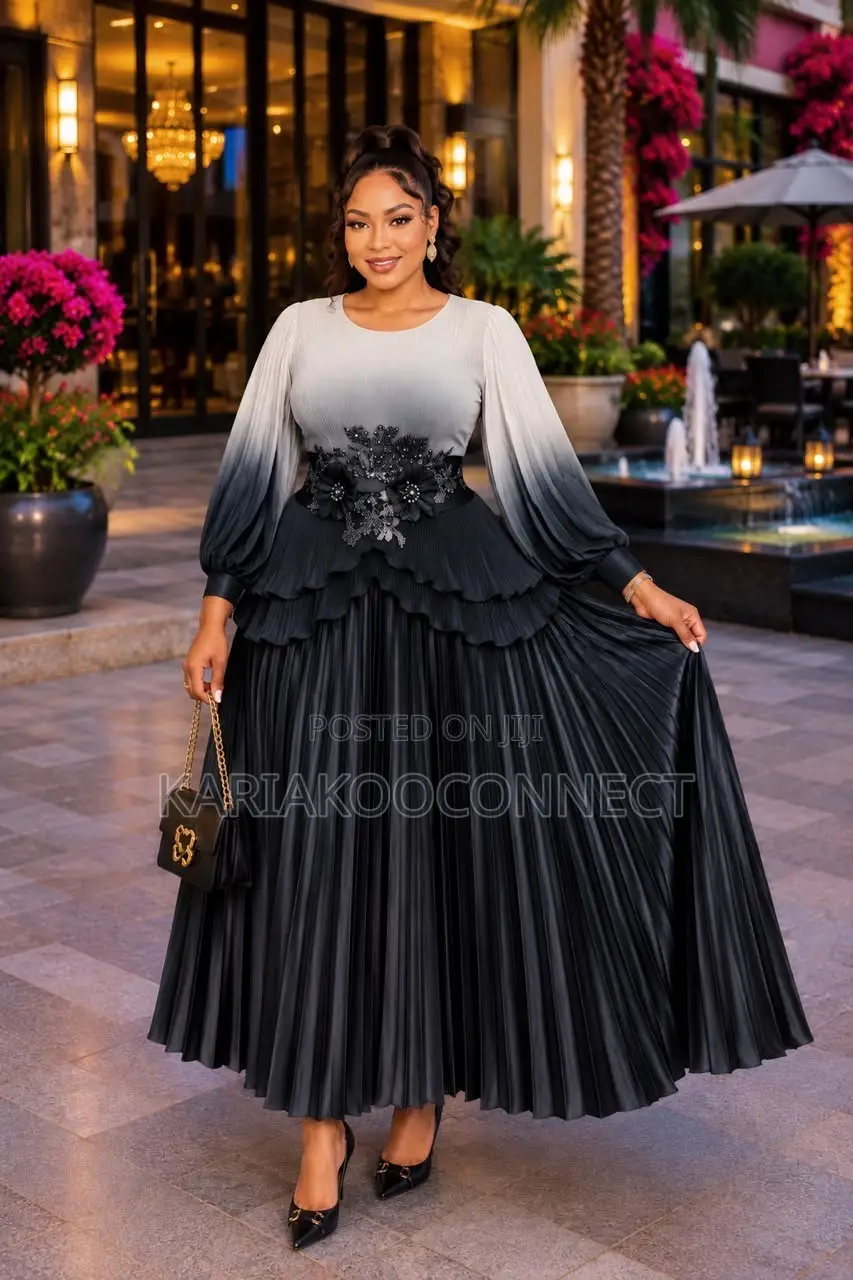 Ombré Pleated Maxi Dress With Floral Waist Detail