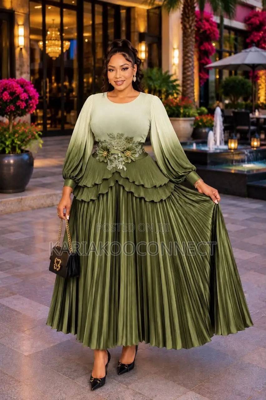 Ombré Pleated Maxi Dress With Floral Waist Detail