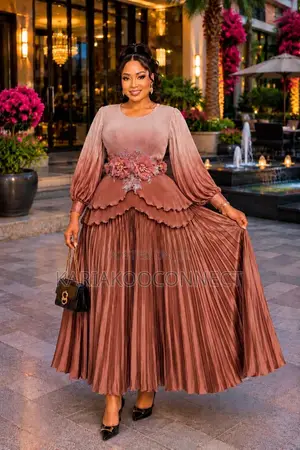 Ombré Pleated Maxi Dress With Floral Waist Detail