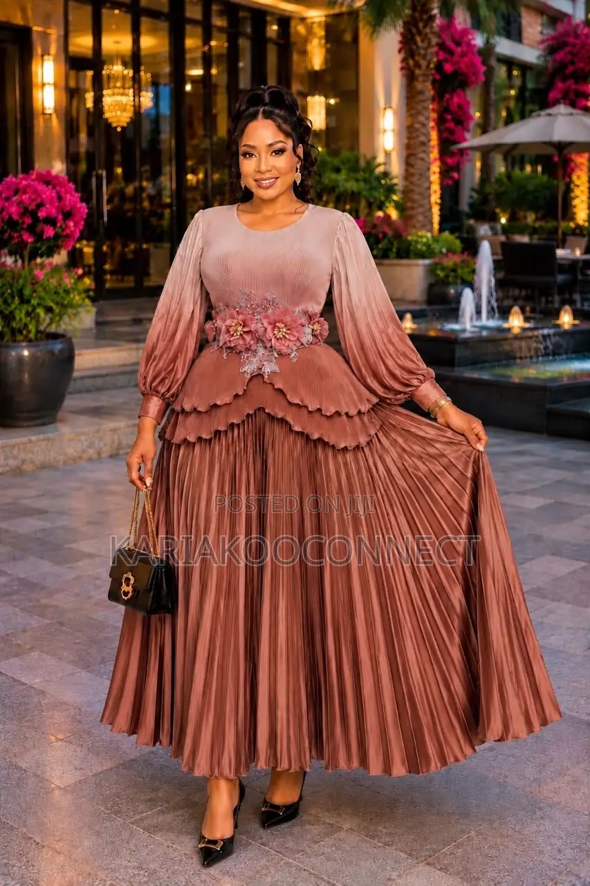 Ombré Pleated Maxi Dress With Floral Waist Detail