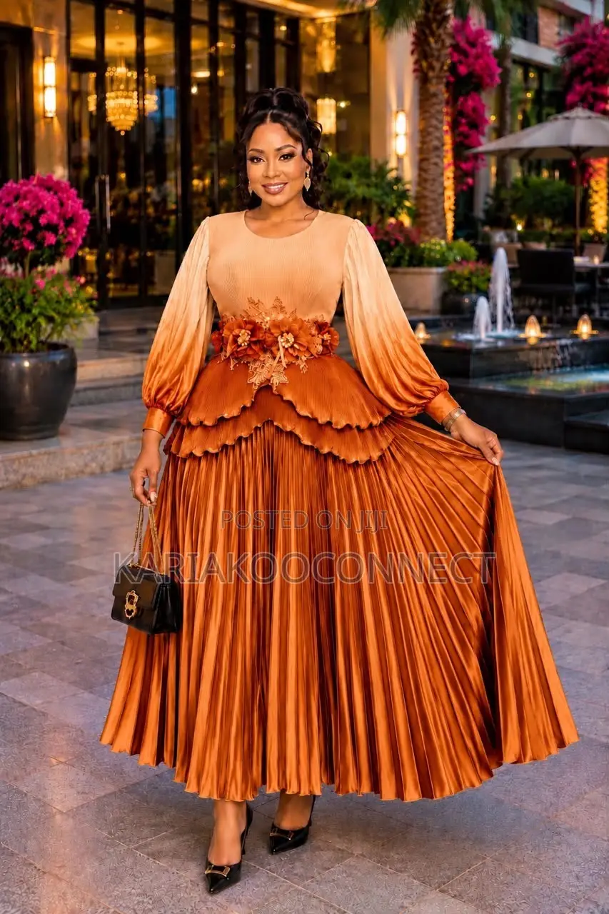 Ombré Pleated Maxi Dress With Floral Waist Detail
