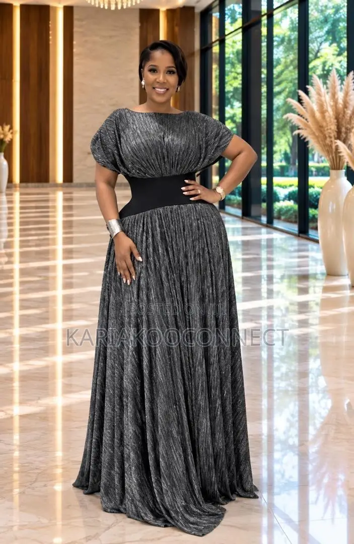 Shimmer Pleated Maxi Dinner Dress With Flutter Sleeves