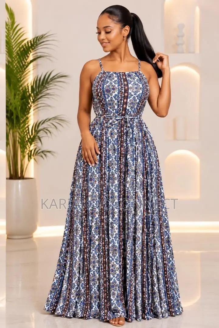Blue Printed Maxi Summer Dress