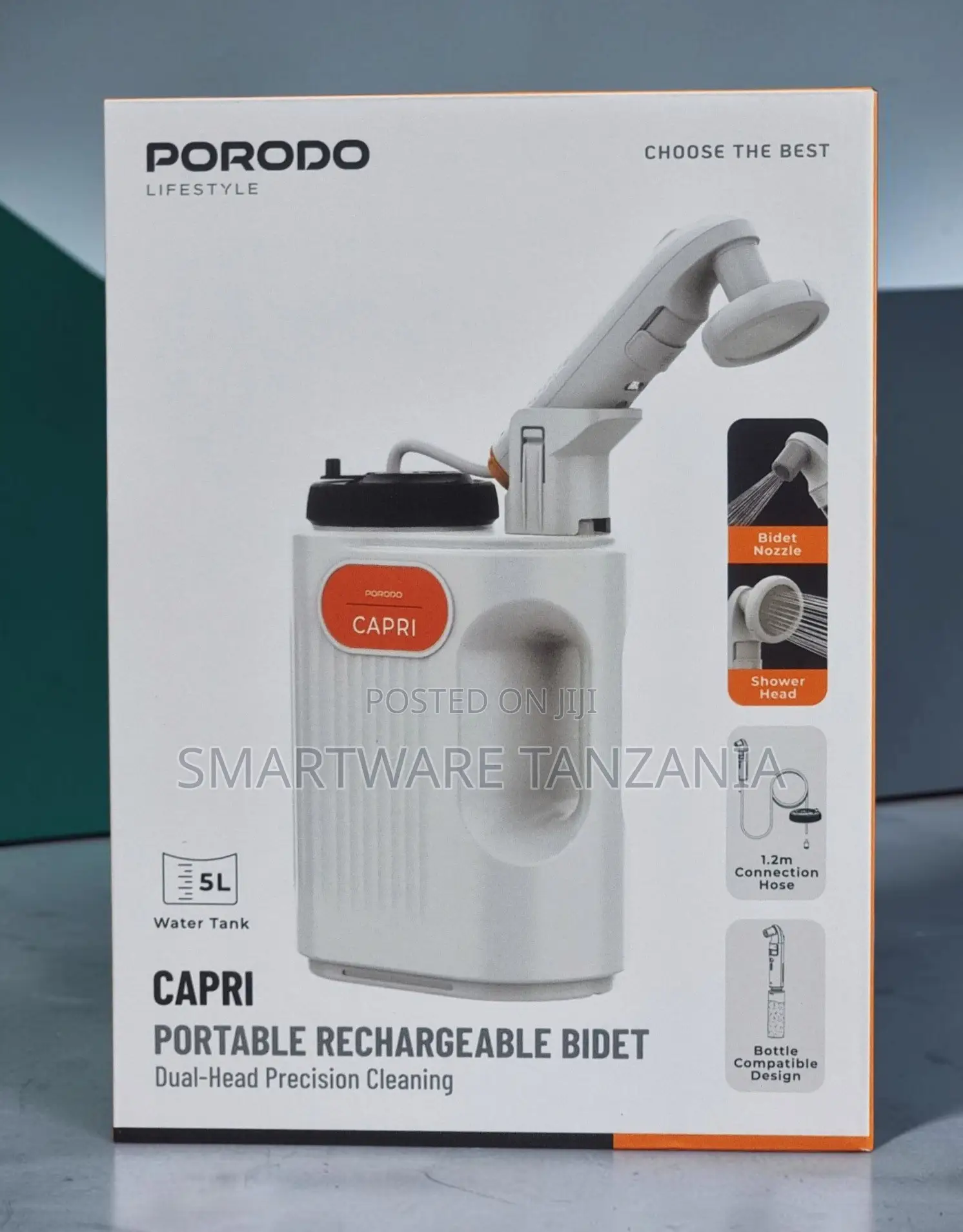 Porodo Capri Portable Rechargeable Bidet With 5L Water Tank, Dual-Head