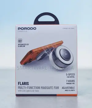 Porodo Flaris Multi-Function MagSafe Fan, LED Light, 5-Speed Control