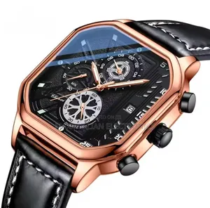 CHENXI Chronograph Watch Rose-Gold-Tone Octagonal Black Leather Strap.