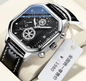 CHENXI Chronograph Watch Rose-Gold-Tone Octagonal Black Leather Strap.