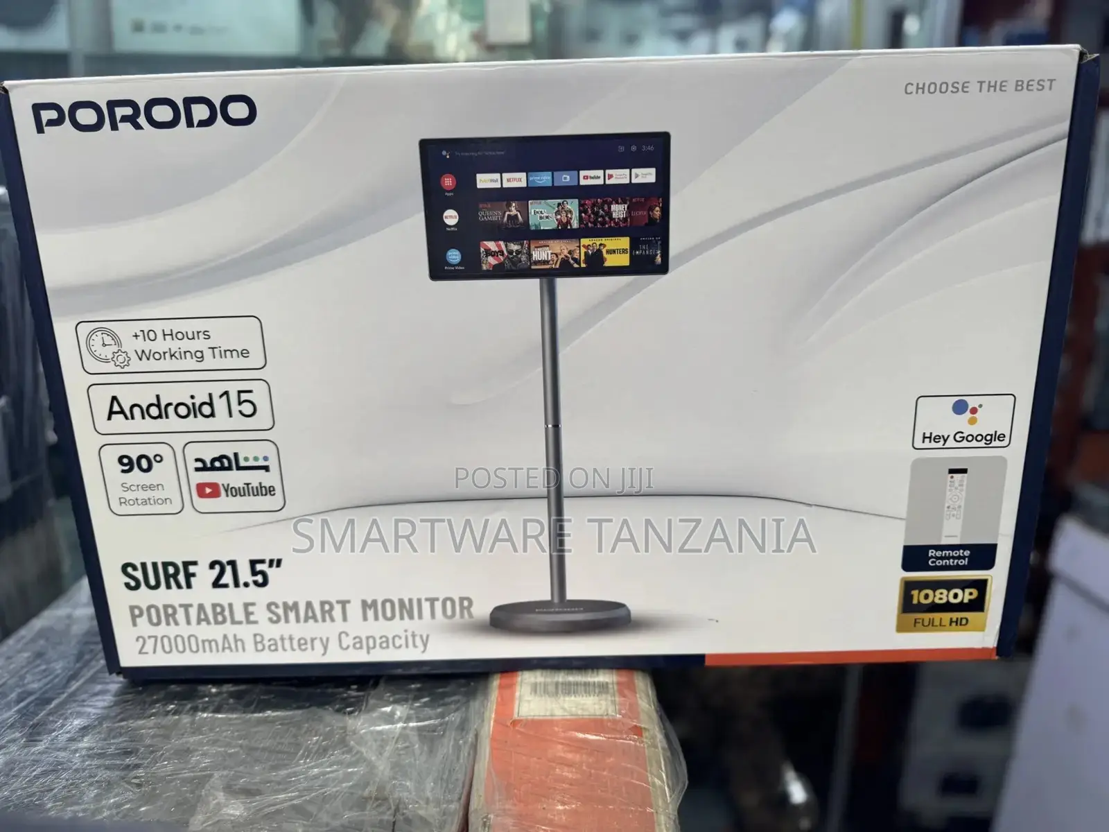 Porodo Surf 21.5" Portable Smart Monitor, 1080P, Android 15, 27000mAh