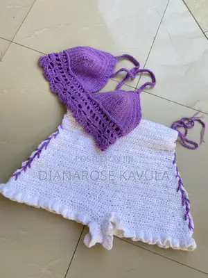 Crochet 2 Piece Set Purple/White - Top Na Shorts - Handmade