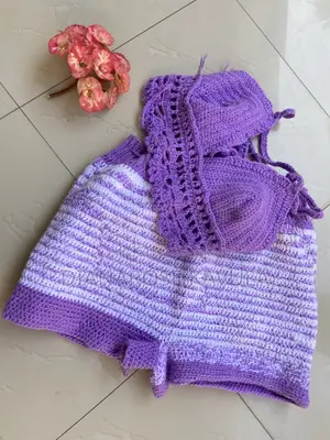 Crochet 2 Piece Set Purple/White - Top Na Shorts - Handmade