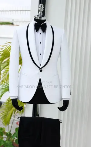 White Tuxedo Suit With Black Contrast Piping Shawl Lapel