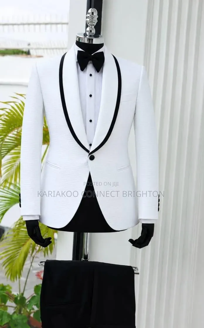 White Tuxedo Suit With Black Contrast Piping Shawl Lapel