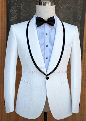 White Tuxedo Suit With Black Contrast Piping Shawl Lapel