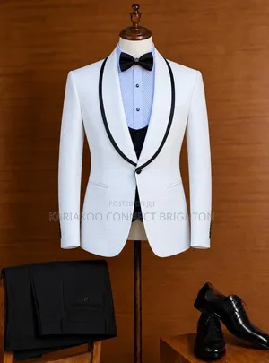 White Tuxedo Suit With Black Contrast Piping Shawl Lapel