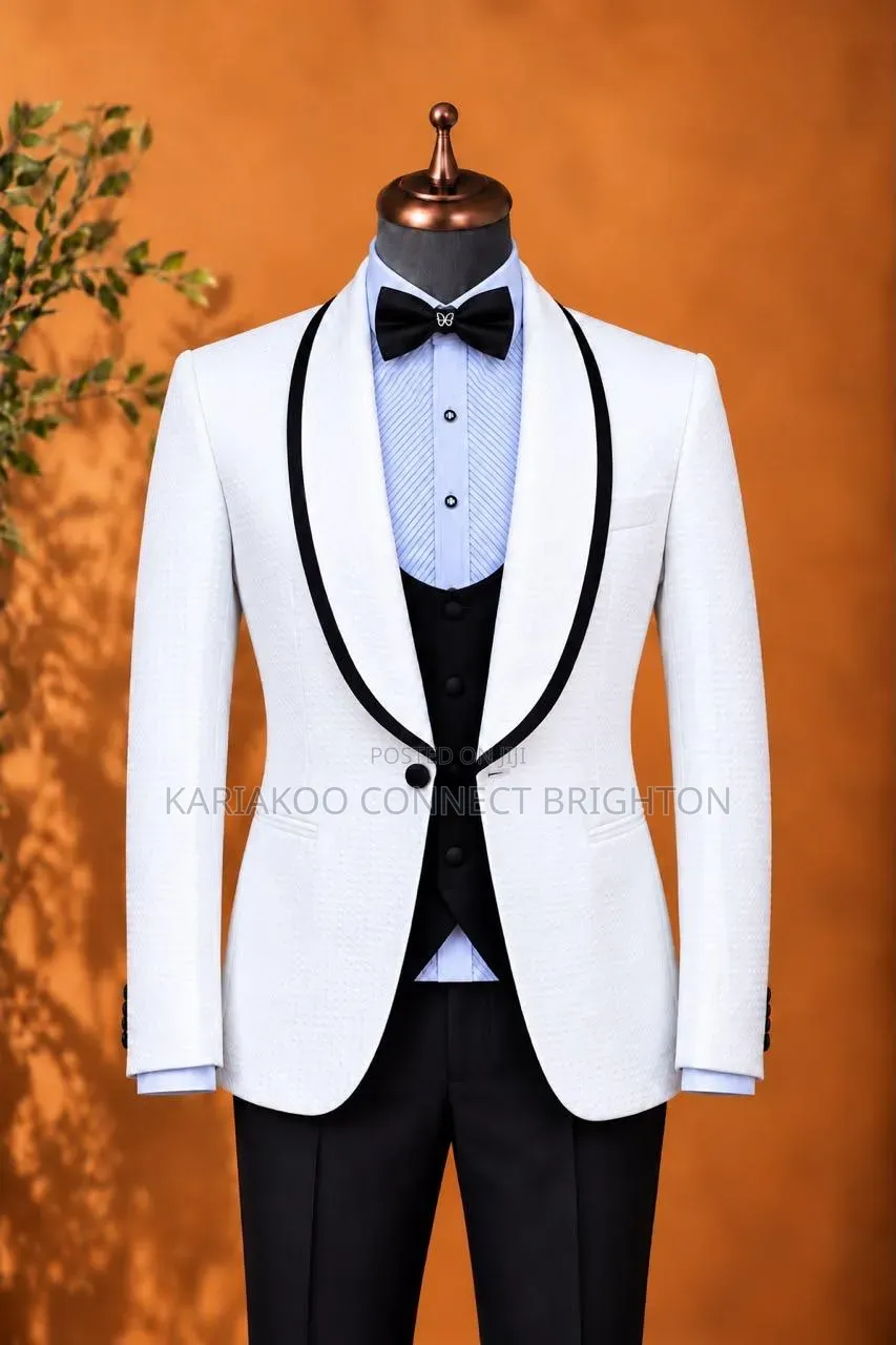 White Tuxedo Suit With Black Contrast Piping Shawl Lapel